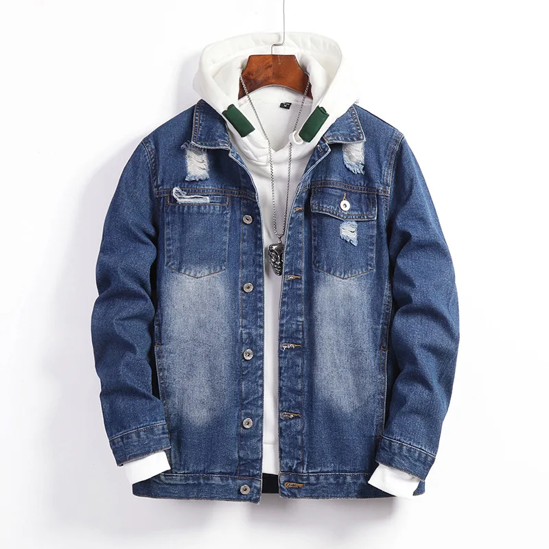 

Куртка джинсовая мужская, рваная, однотонная, уличная, 2021, M-7XL