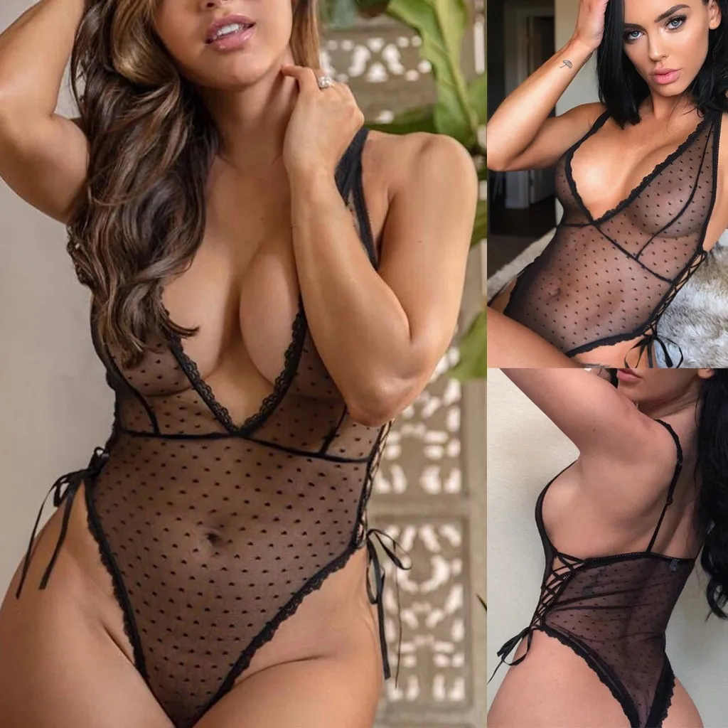 New Fashion Ladies Bodysuits Women Body Sexy Femme Connected Spot Mesh Underwear Bodysuit V-Neck Teddy Bandage Lingerie Solid |