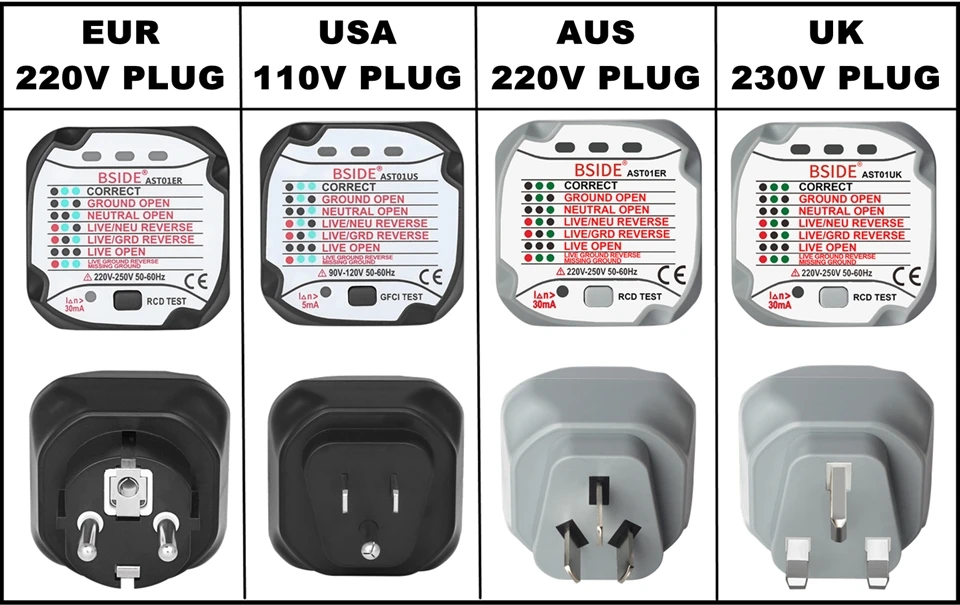 Разъем тестовый er BSIDE AST01 детектор напряжения в розетке RCD GFCI тест ЕС США Великобритания разъем AU заземление Zero линия вилка полярность фаза проверка