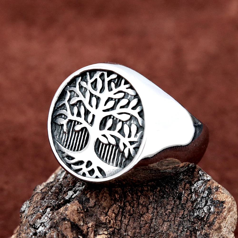 Simple Stainless Steel Viking Tree of Life Signet Rings for Men Women Classic Punk Nordic Viking Accessories Jewelry Size 7-15