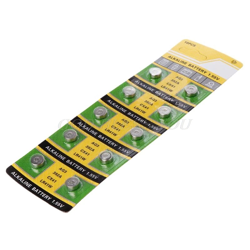 10 шт. Щелочная батарейка AG3 1 55 в кнопочные батарейки SR41 192 L736 384 SR41SW CX41 LR41 392 цепь