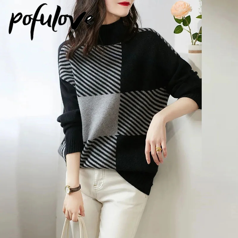 

Sweater Women's Half Turtleneck Striped Pullover Knitwear Lazy Style Korean Loose Top Trending Sweater Autumn and Winter