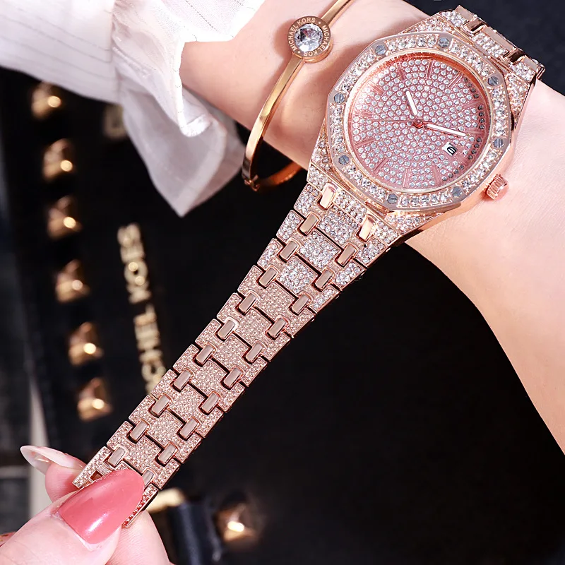 

New hot sale full diamond lady watch three color alloy calendar watch with Diamond Steel Band womens Watch