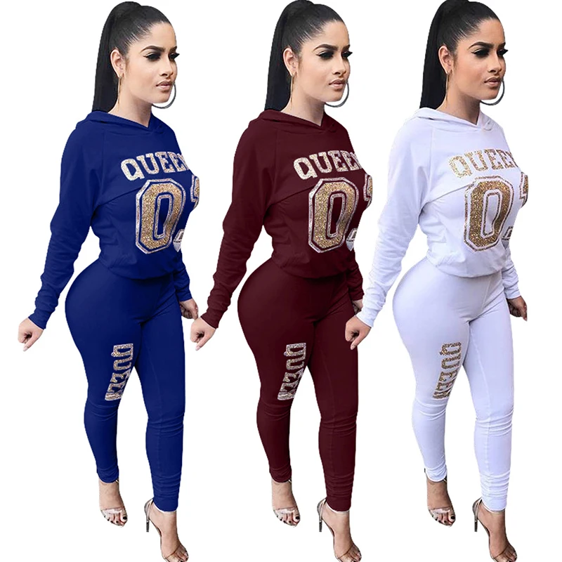 

Women Solid Sport Two Piece Matching Set Hooded Long Sleeve Top Bodycon Long Leggings Sportsuits Workout Outfits Fitness Wear