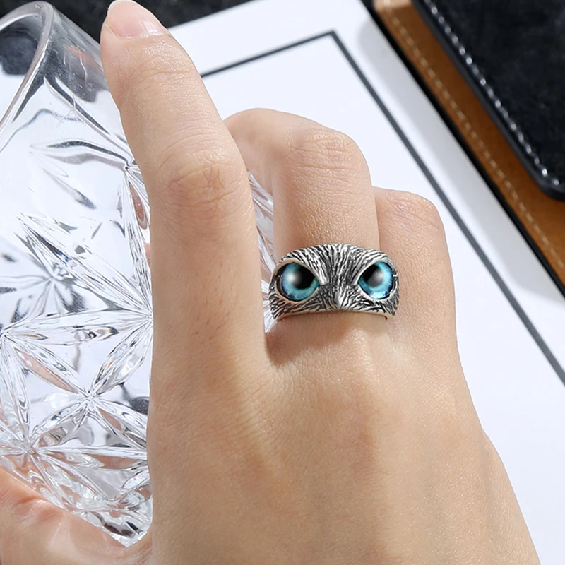 

100% 925 Silver Blue Eye Owl Ring For Women Girl Lovers Retro Animal Open Adjustable Ring Statement Ring Jewelryset ring