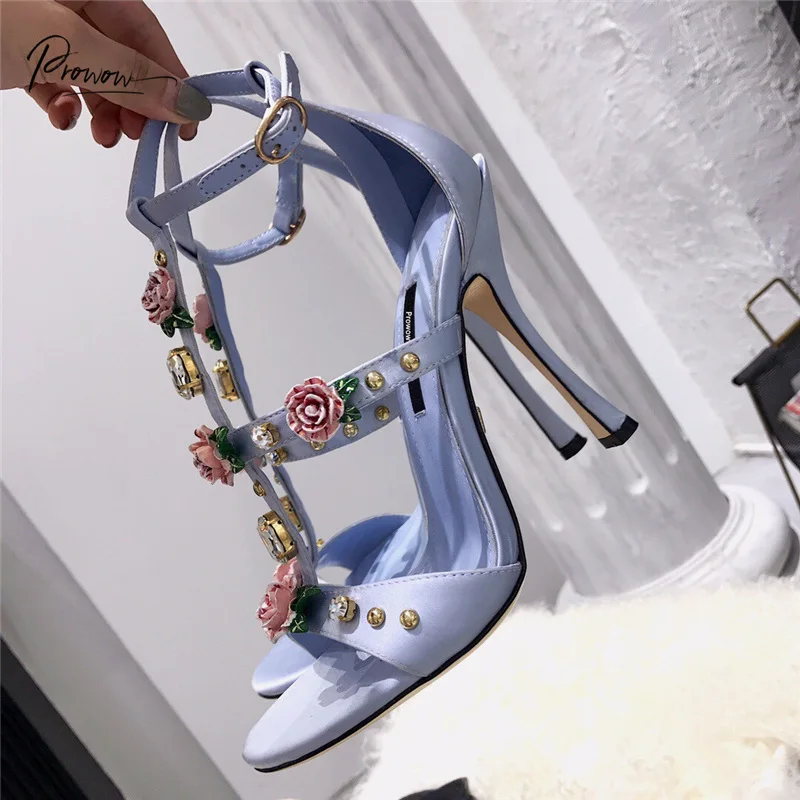 

Prowow New Fashion Pink Blue Women Summer Sandals Open Toe Buckle Strap Flower Thin High Heel Ladies Sandals Party Shoes Woman
