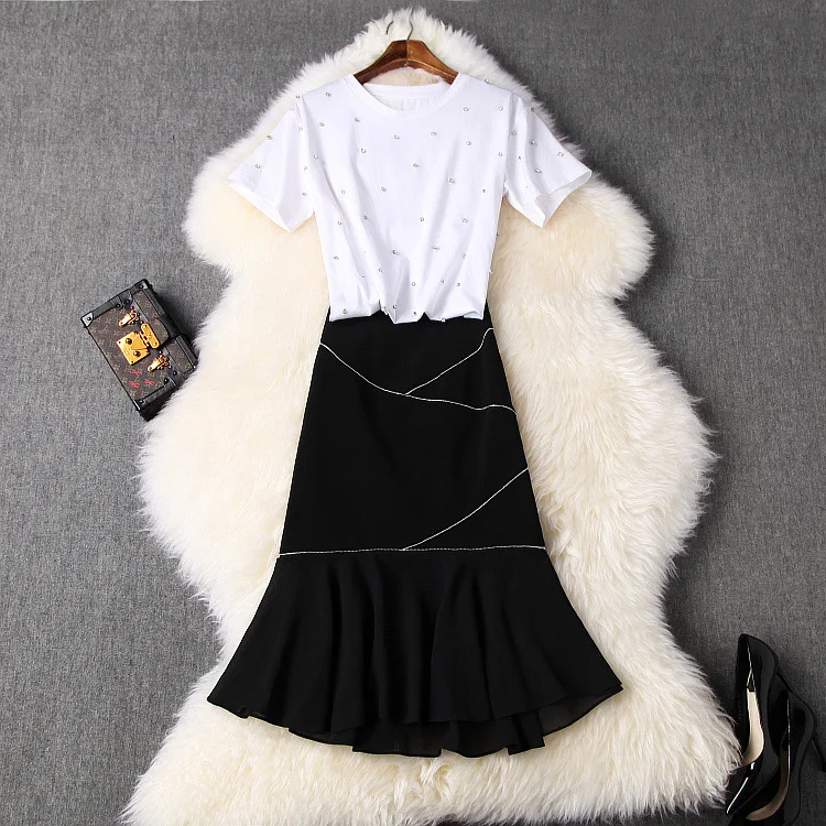 

Женские платья в американском и европейском стиле на весну 2021, футболка с коротким рукавом и бриллиантовыми вставками, юбка рыбий хвост, кос...