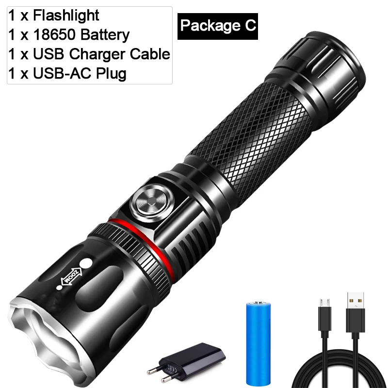 Package C Мощный светодиодный фонарик с зарядкой от USB, фонарь L2 T6, светодиодный фонарь, магнитный COB светодиодный фонарик, фонарик с зумом, аккумулятор 18650 - Испускаемый цвет: Package C
