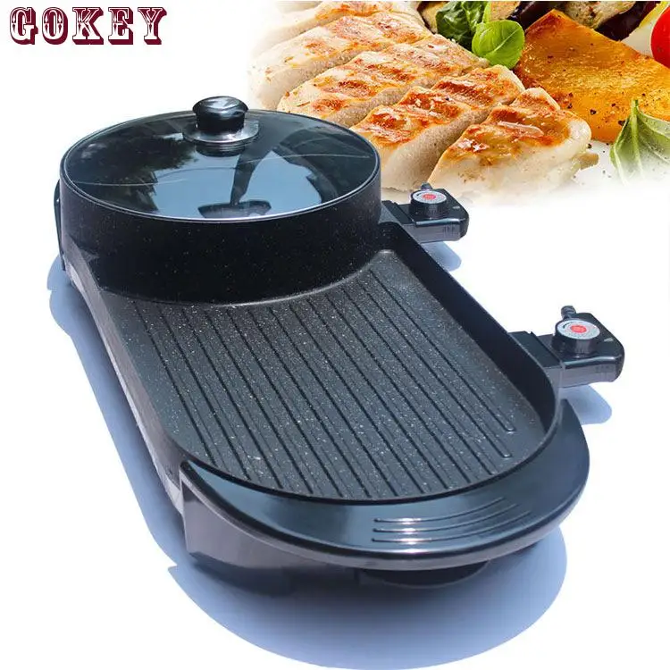 Pаспродажа Электрический гриль и кастрюля для выпечки 2 в 1, плоская сковорода с двойным вкусом, бездымный гриль, плоский гриль, антипригарное покрытие ...