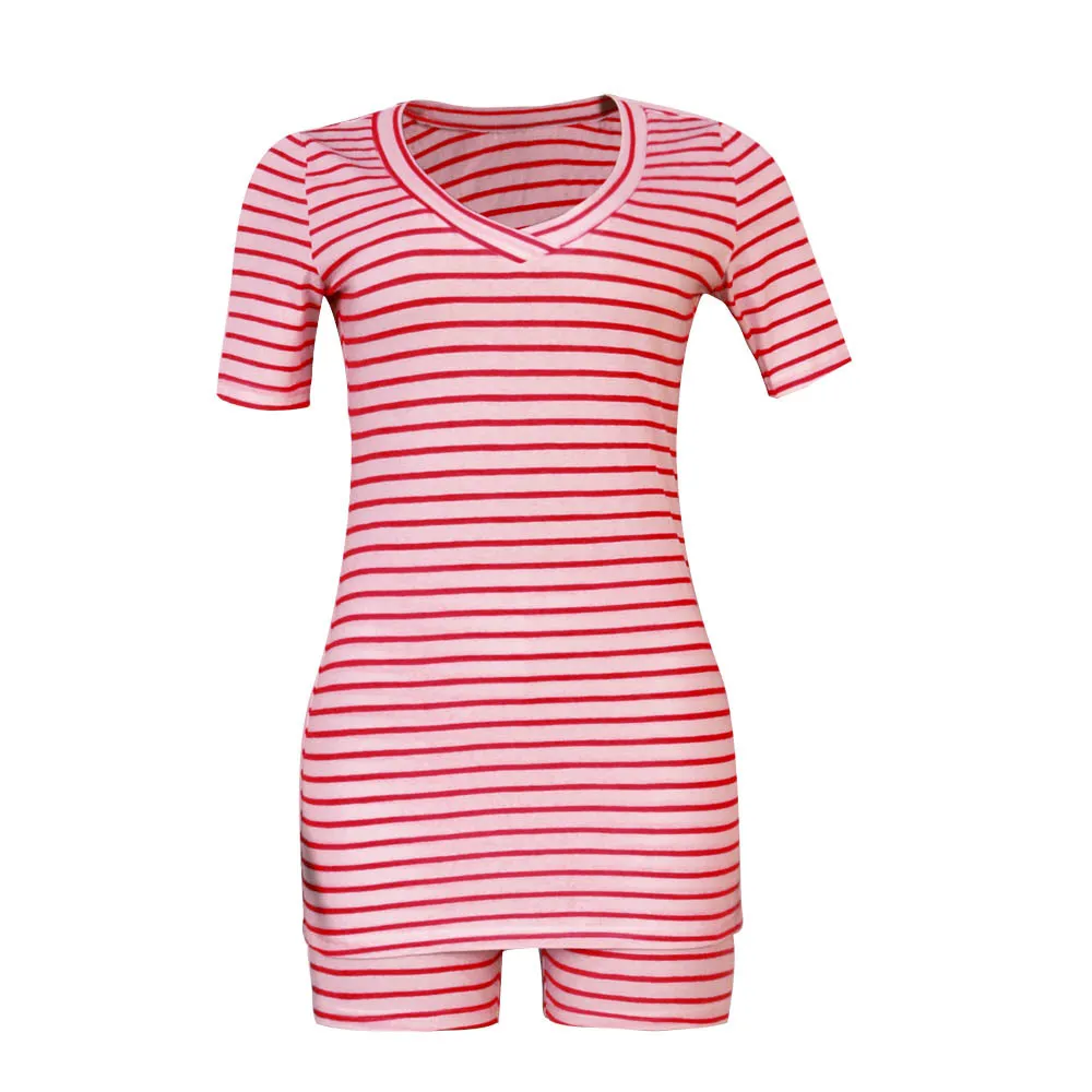 

Cutubly V-Neck T-Shirt and Shorts Casual Two Piece Set Summer Striped Women Two Piece Outfits Sets 2020 Fashion Tracksuit
