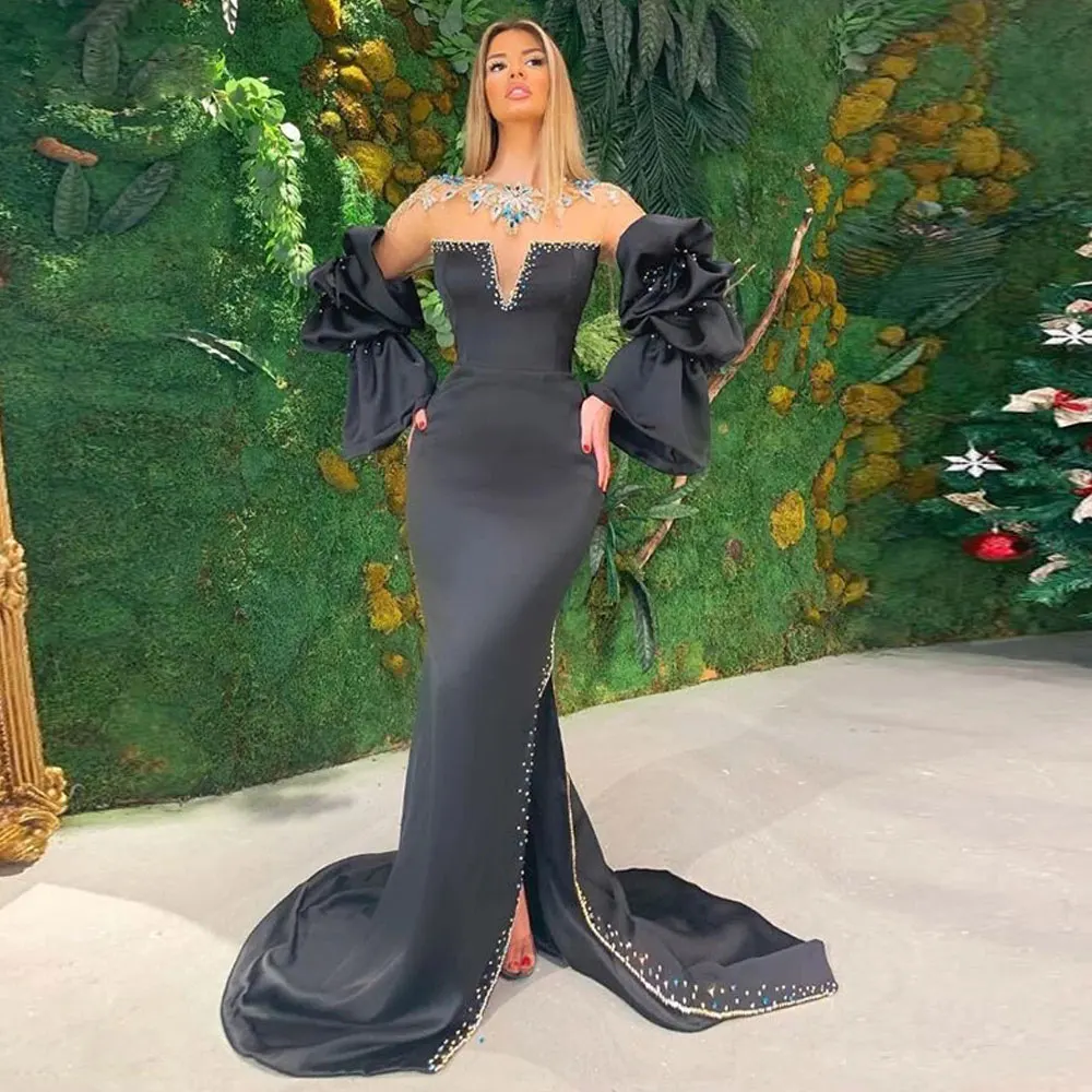 

Black Evening Dresses long-sleeved Front/Side Slit Mermaid / Trumpet Jewel Sweep/Brush Applique Beading Party Dresses
