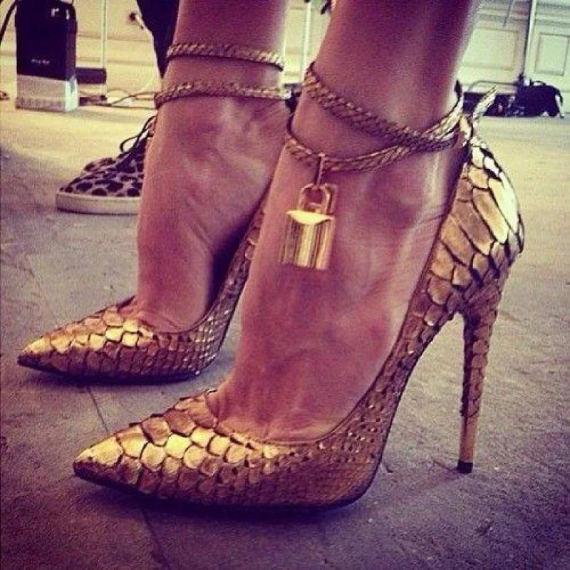 

New Sexy Solid Color Pointed Toe Padlock Buckle High Heels Pumps Women Genuine Leather Gold Party Nightclub Shoes Pump