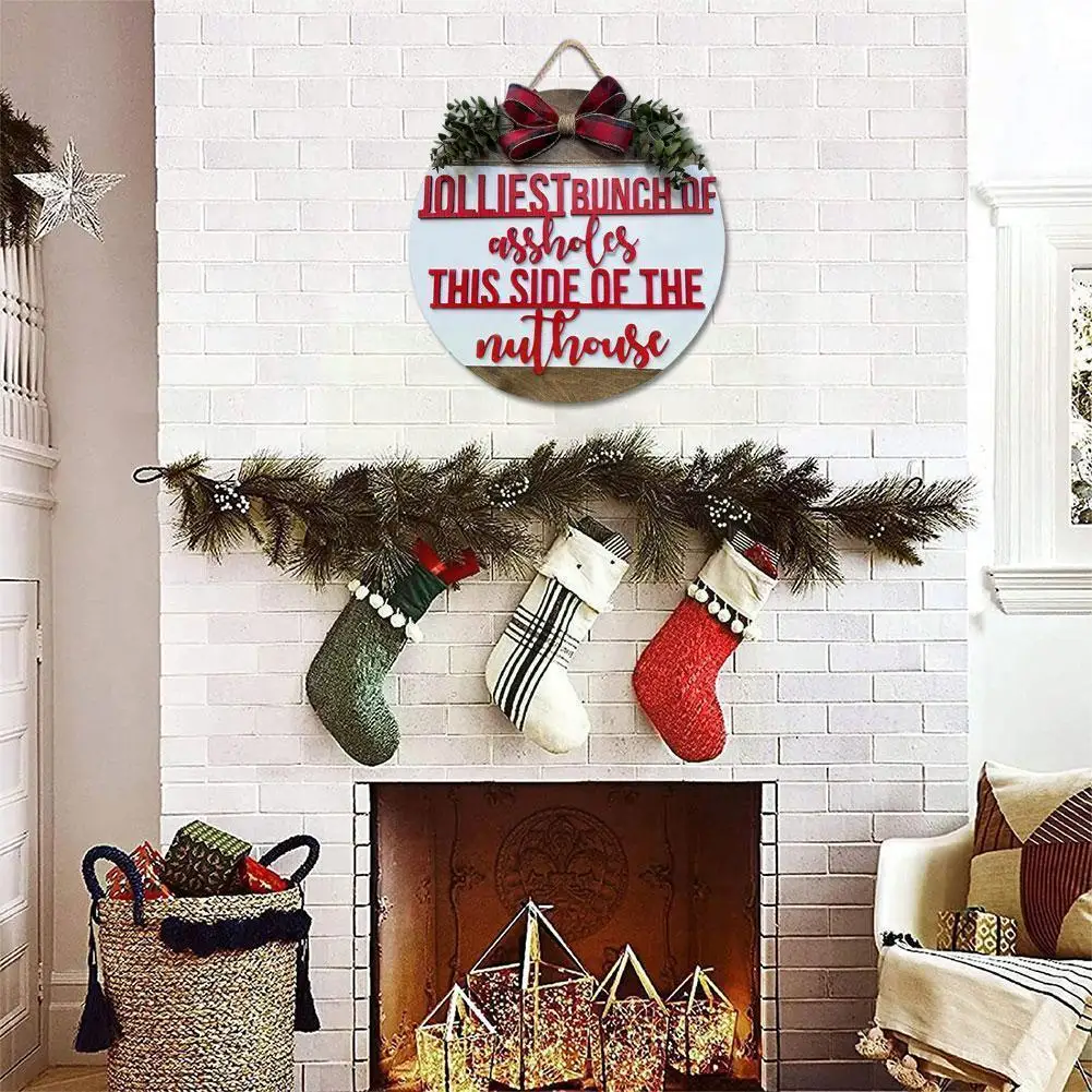 

Christmas Decoration Wreath Red Plaid Christmas Hanging Home Window Sign Wooden New Wall Holiday Year Decoration G5w0