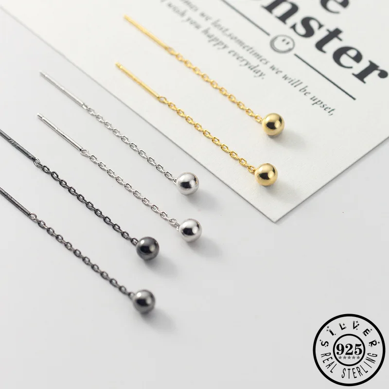 925 стерлингового серебра маленький круглый шар Форма черный серьги-нити золото