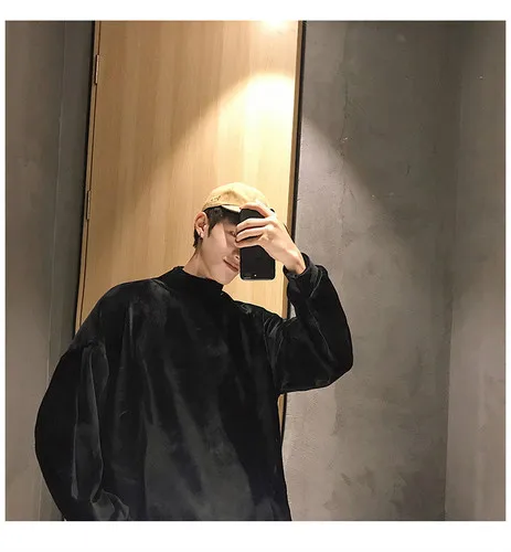 Velvet black AreMoMuWha Весна Новая Европейская и американская мода толстовки мужские с длинным рукавом свободные золотой бархат плюс бархат высокий воротник - Цвет: Velvet black