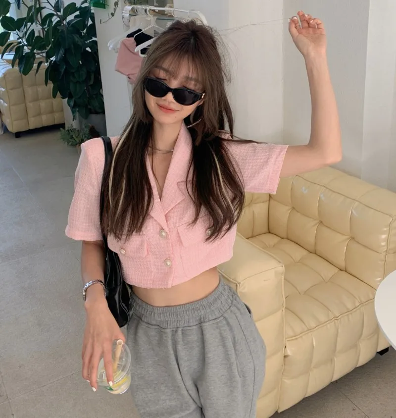

2021 summer Women Jackets Korean Chic Vintage Loose V Collar Short-Sleeved Two Buttons Design Tweed Jacket