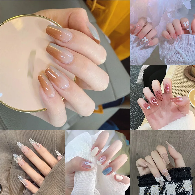 

Gradient Fake Nails with Glue Art Bow Heart Press on Nail Tips Crown Design False Coffin Stick Black Butterfly Short Sharp Nails
