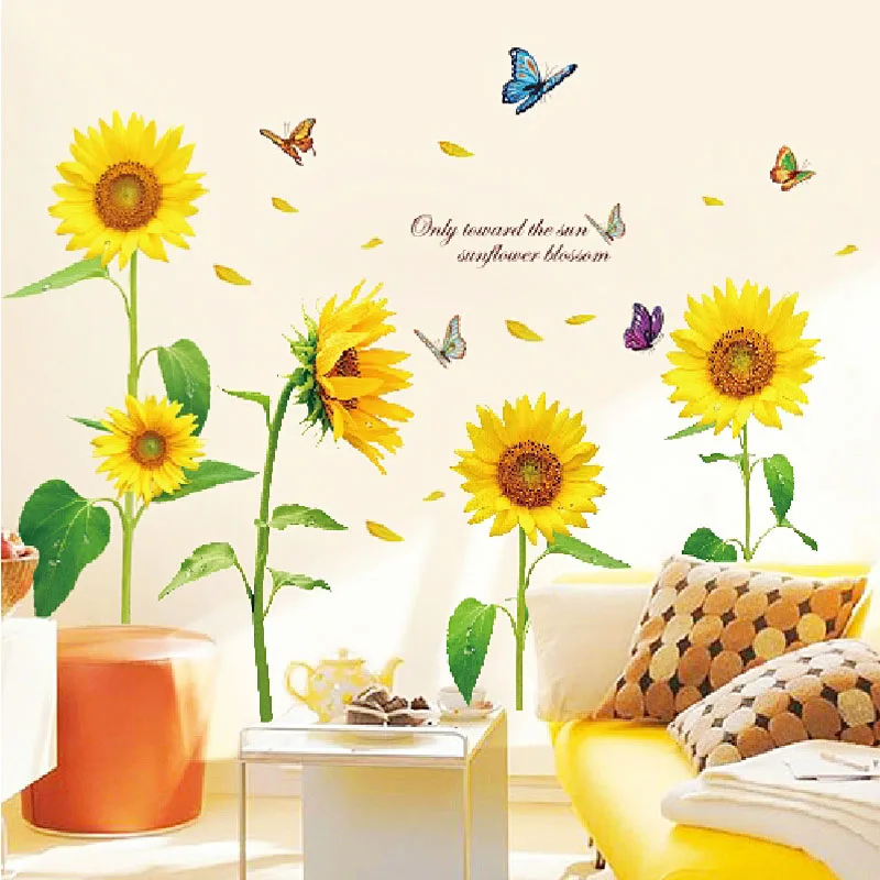 

Sunflower Wall Stickers Flowers Butterfly Home Decor Living Room DIY Art Decals Removable PVC Wallpaper TV Background Sticker