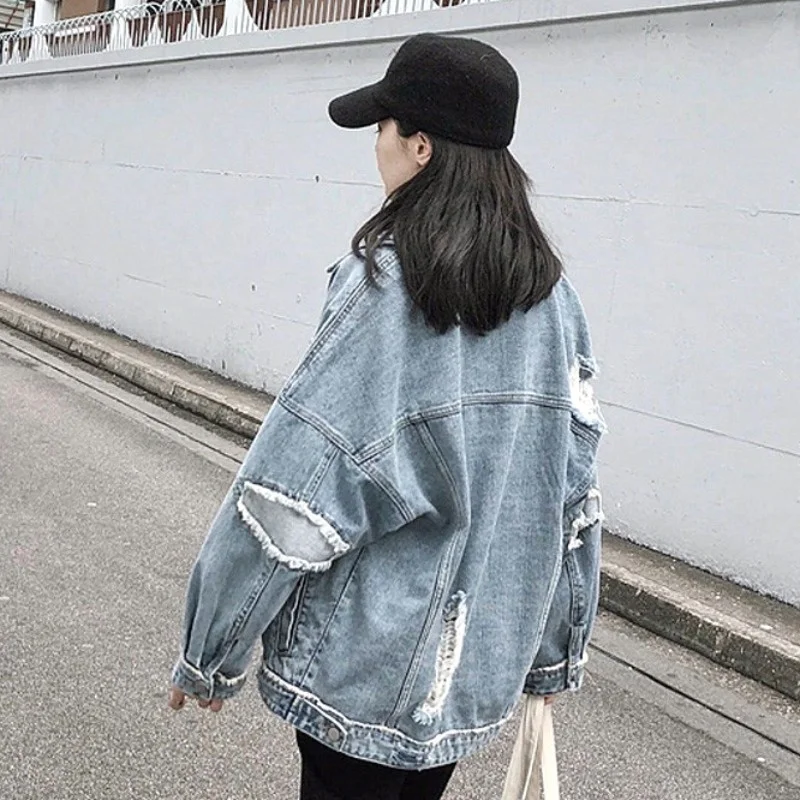 

Vintage Denim Jacket Womens 2023 Autumn Loose Street Fried Street Jeans Jacket Women Casual Hole Long Sleeve Coat Tops Female