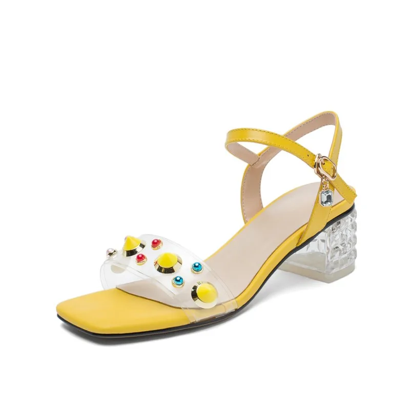 Женские босоножки на высоком каблуке летние с разноцветными вставками большие