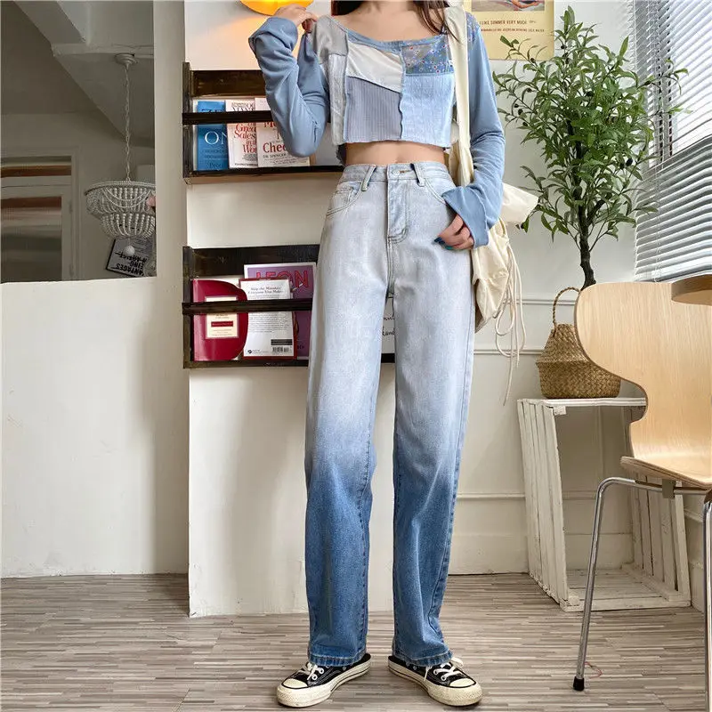 

Design gradient high-waist jeans women spring and summer 2021 new trend straight loose wide-leg pants Harajuku denim trousers