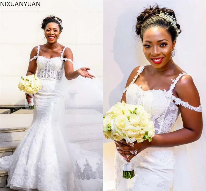 

Luxury Sexy Spaghetti Lace Mermaid Wedding Dress Vintage Beaded Black Girl Open Back Plus Size Wedding Bridal Gown