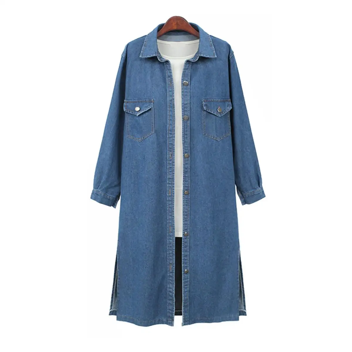 L-4XL Autumn Women Plus size Denim Trench Coat Female Button Casual Blue Overalls Pocket Big Large Size Long Coats | Женская одежда