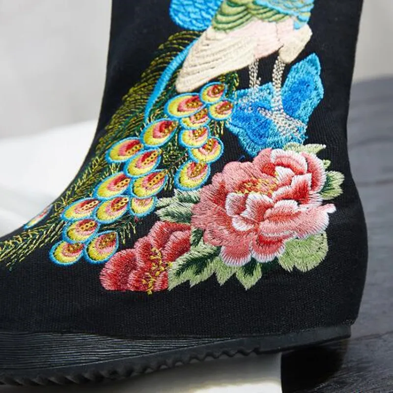 

Autumn Women Ethnic Embroidered Ankle Boots Ladies Canvas Wedges Winter Shoes Sequins Vintage Short Booties Female Retro Boot