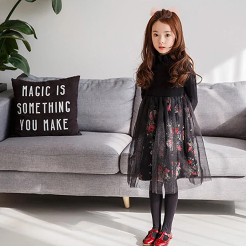 Baby Girls Teens Floral Dress Fall Winter Wedding Party Princess dress Mesh Patchwork Kids Costumes New Year Children Clothing | Детская