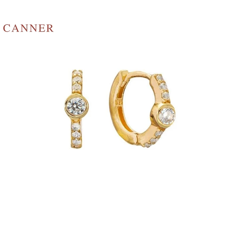 Женские серьги колечки CANNER из настоящего серебра 925 пробы круглые с цирконием и