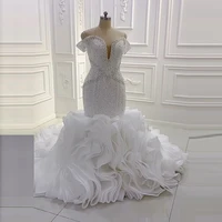 luxury mermaid wedding dresses ruffles train bottom major sequins plus size bridal dress off the shouldder vestido de noiva