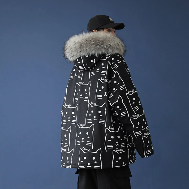 

Harajuku Winter Women Parkas 2020 Cartoon Printed Thick Warm Parkas Big Fur Hooded Down Cotton Female Zipper Cold Outwear