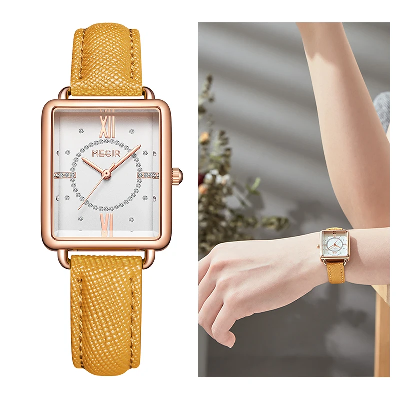 

MEGIR 2021 Rectangle Luxury Diamond Watches for Women Leather Quartz Ladies Wrist Watch with Japan Citizen-Movement and Gift Box