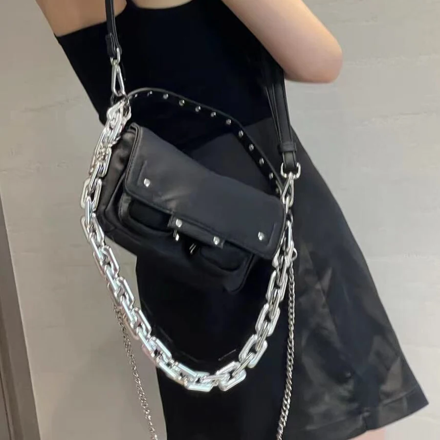 

Solid Chain Shoulder Bag Women Nylon Cloth Flip Crossbody Bags Lady Summer Luxury Multi-Pocket Underarm Bags Fashion Handbags