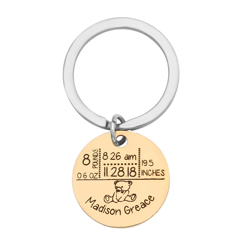 bear gold color Круглый детский брелок с именами, датой рождения, весом и ростом для новорожденных в честь Llavero Personalizado, брелок для ключей - Цвет: bear gold color