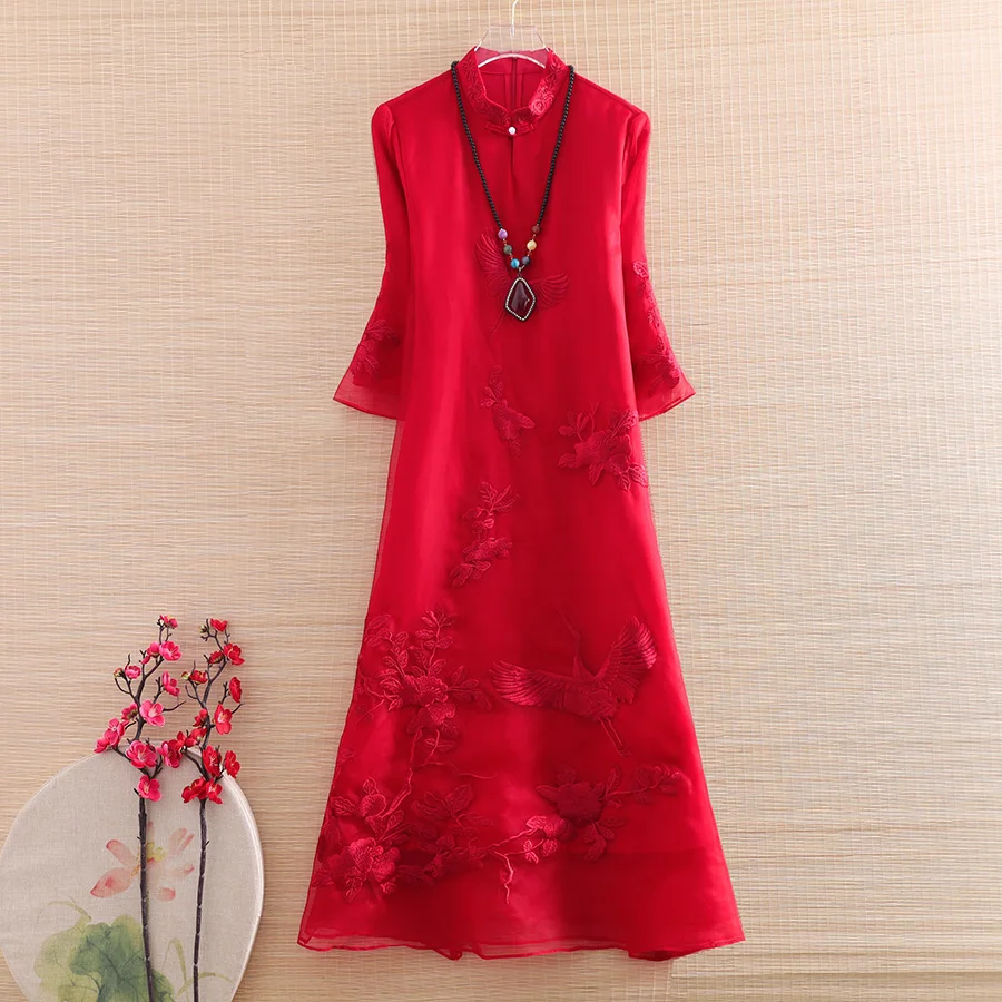 

Chinese Style Women Silk Organza Qipao Dress Summer Royal Embroidery Crane Vintage Elegant Lady Luxurious Cheongsam Dress M-XXL