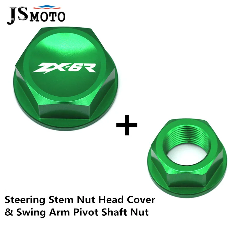 

Motorcycle CNC Swing Arm Pivot Shaft Nut Cap & Steering Stem Nut Head Screw Cover LOGO For Kawasaki ZX-6R ZX 6R zx6r 2005-2012