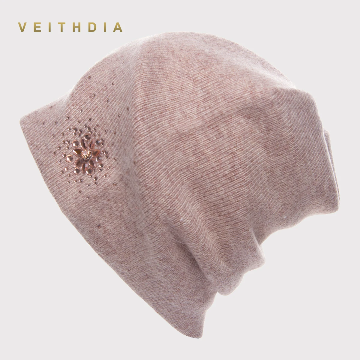 VEITHDIA, женские шапки, женские кашемировые, повседневные, Осень-зима, брендовые, двухслойные, толстые, стразы, вязаные, для девочек, Skullies Beanies - Цвет: Зеленый