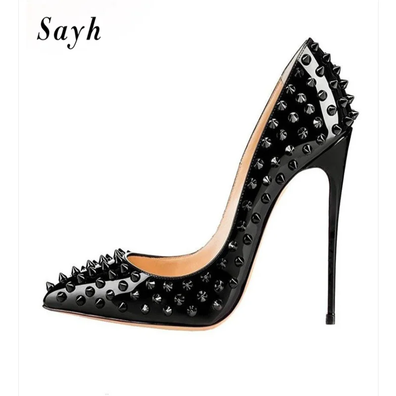 

New Women 12cm Extremely High Heels Sandals Pointed Toe Rivet Patent Leather Pumps Party Sexy stripper Shoes Stiletto SIZE PLUS