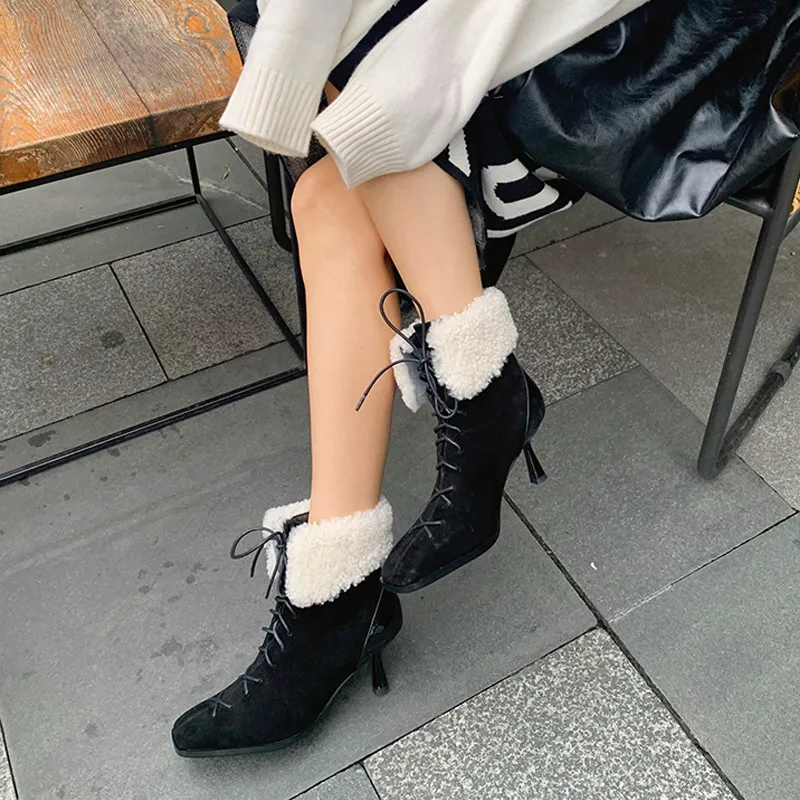 

Asumer 2021 Hot Sale Winter Snow Boots Women Suede Leather Thick Fur High Heel Party Wedding Shoes Sexy Ankle Boots Women