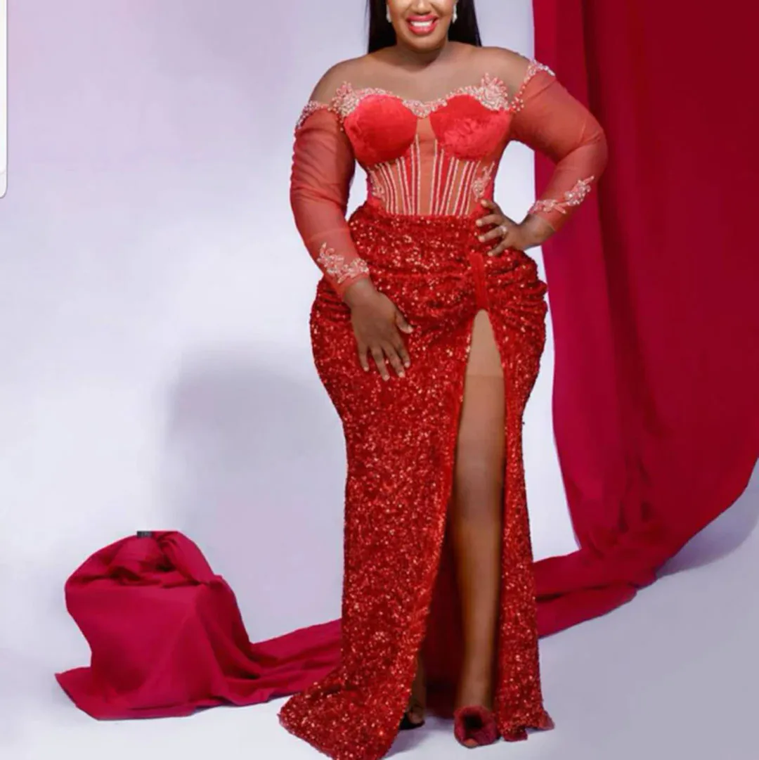 

Длинные африканские Блестящие Свадебные платья с блестками и высоким разрезом, Официальные Вечерние платья Aso Ebi, платья-русалки для выпуск...