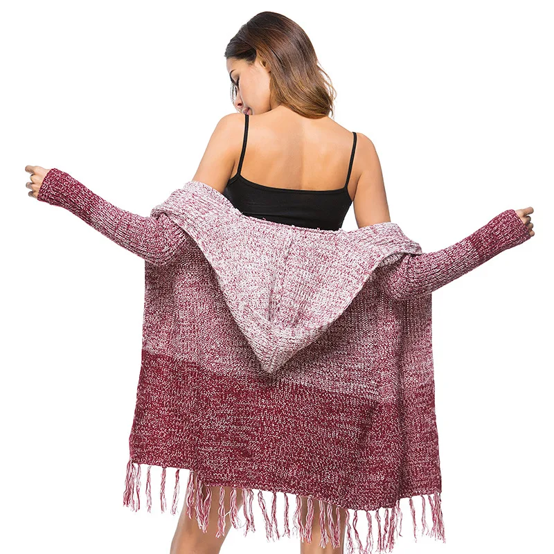 2019 Autumn & Winter Women Knitting Sweater Cardigan Hooded Tassel Thick Office Lady Streetwear Long Jumpers Red Black |