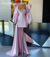 pink square neck long sleeve evening gown for women pleats beading short mermaid prom dresses 2021