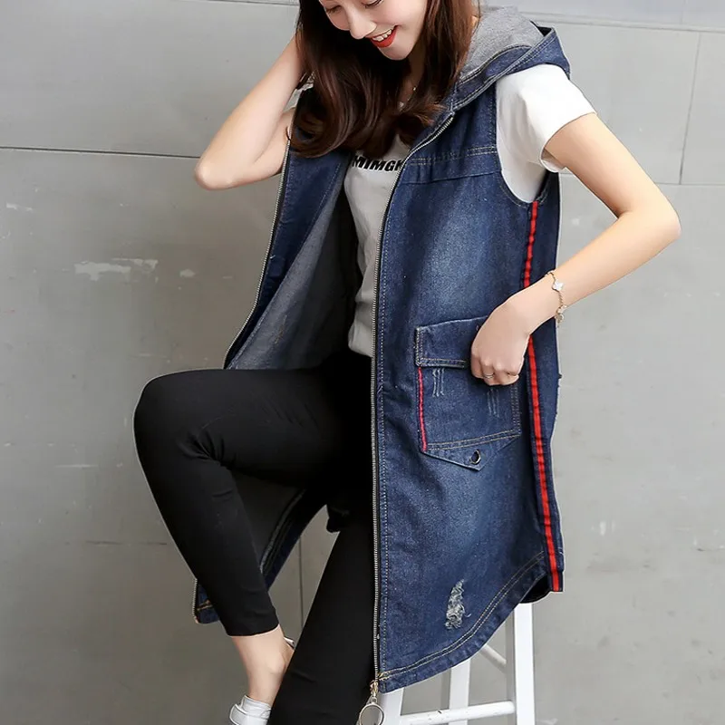 Модная длинная стильная женская куртка с капюшоном рваные джинсы на молнии жилет