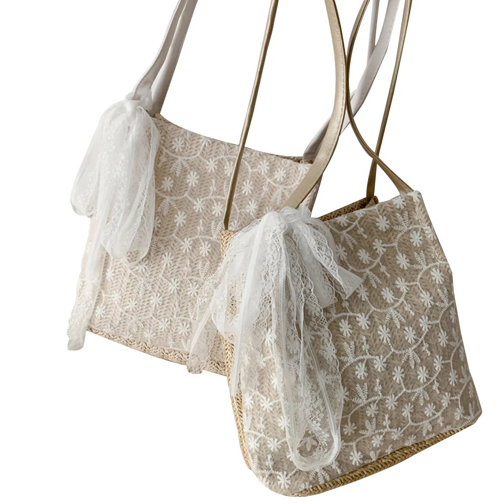 

Women Straw Beach Bag Casual Lace Woven Single Bag Summer Shoulder Bag Ladies Light Weight Handbags