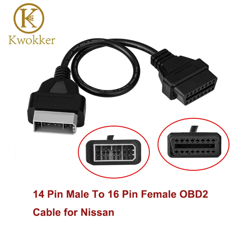 KWOKKER 40cm OBD2 Connector For Nissan 14 Pin Male To 16 Pin Female OBDII Diagnostic Adapter Cable Extension Connector gm12 obd2 adapter diagnostic cable gm12 pin obd2 to 16 pin obdii diagnostic connector for gm12 pin obd2 adapter extension cable