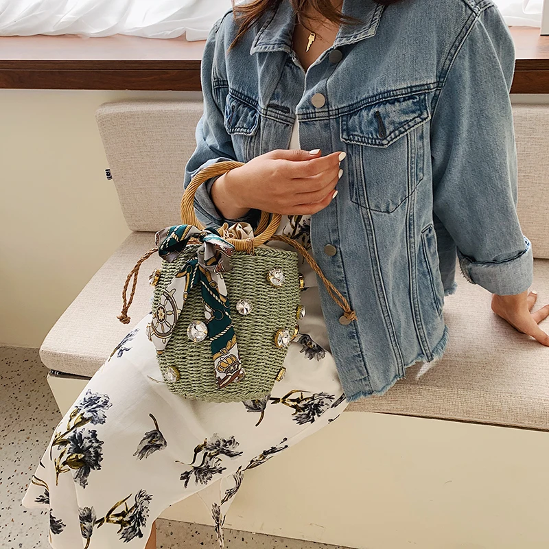 Новая маленькая Соломенная Сумка ведро ручной работы украшенная стразами