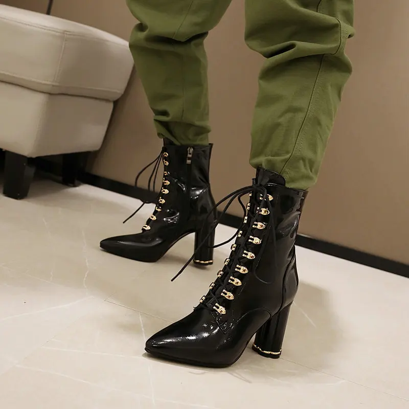 

Fashion Women Ankle Boots microfiber Leather High Heels Motorcycle Boots Autumn Winter lace up Punk Dancing Shoes Woman