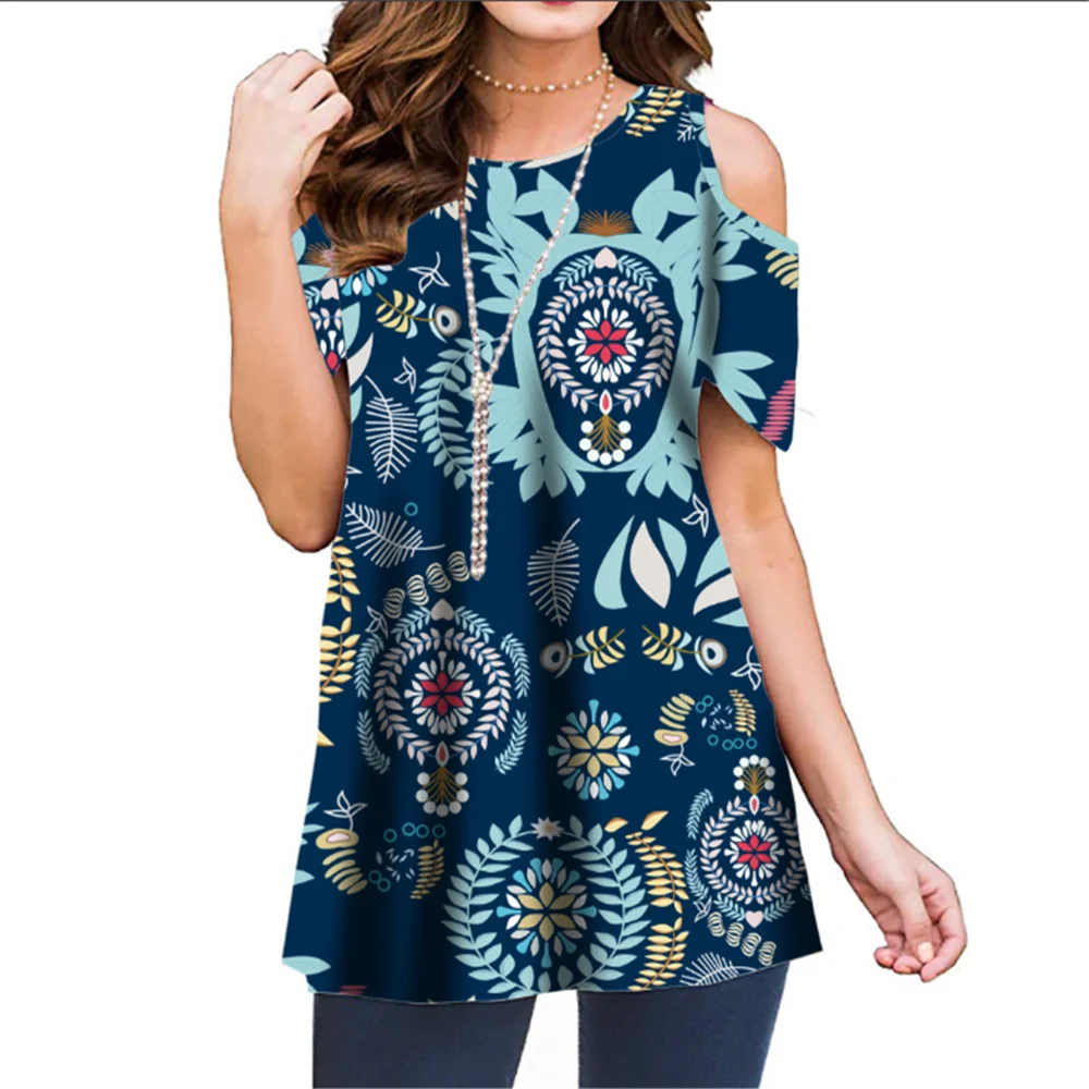 

2021 New Summer Floral Printed Tops Oversized Women T-shirt O-Neck Cold Shouder Loose Plus Size Shirt Tops Fashion Clothes