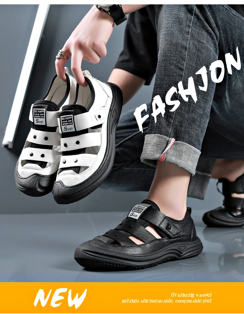 

Sandal Man 2021 Summer New Men's Leather Shoes Casual Slip-on Soft-soled Beach Shoes Fashion Breathable Sandals Driving Shoes